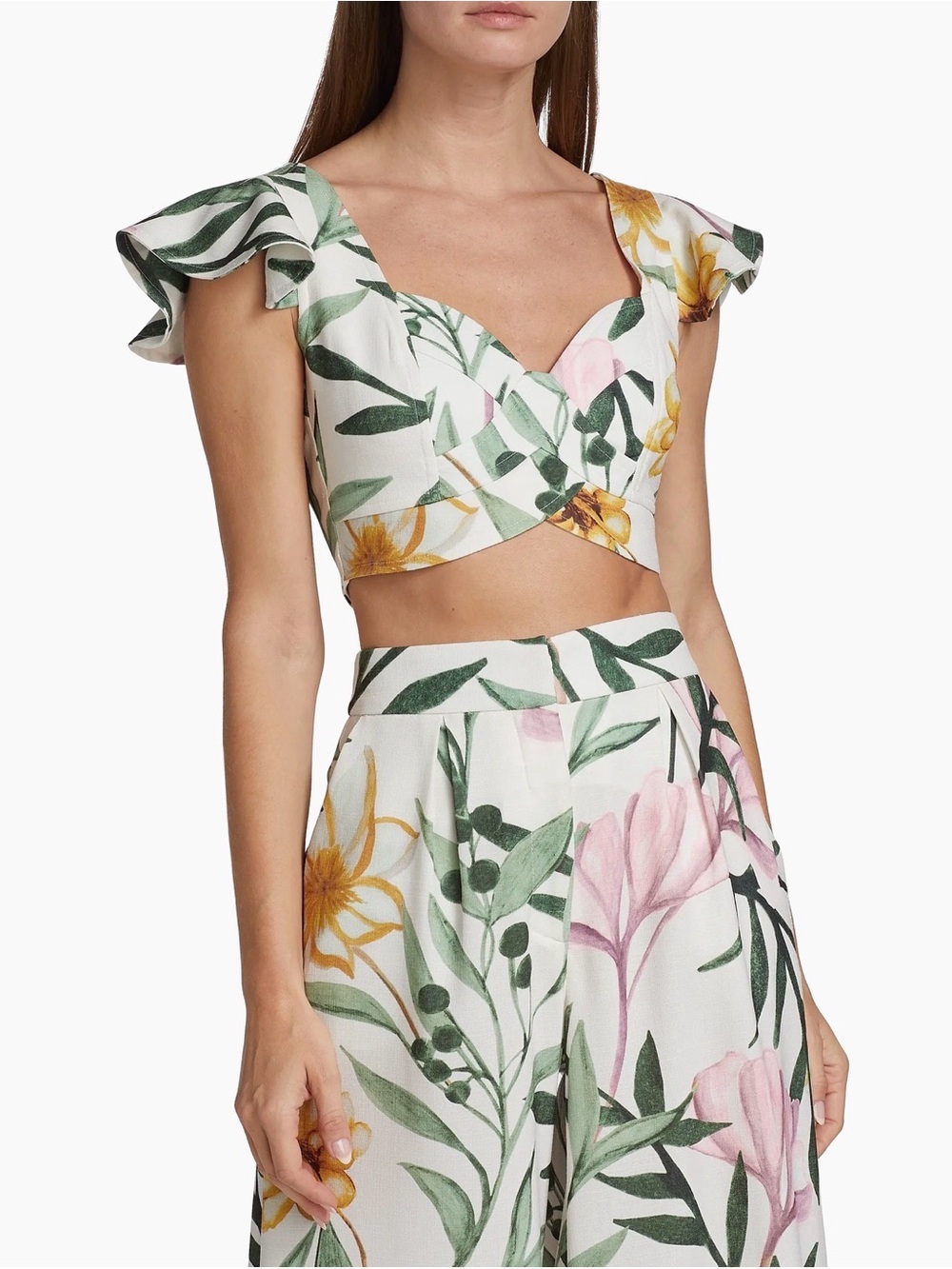 PatBO Jasmin Seamed Sweetheart Flutter Sleeveless Cropped Blouse Floral 12 $375